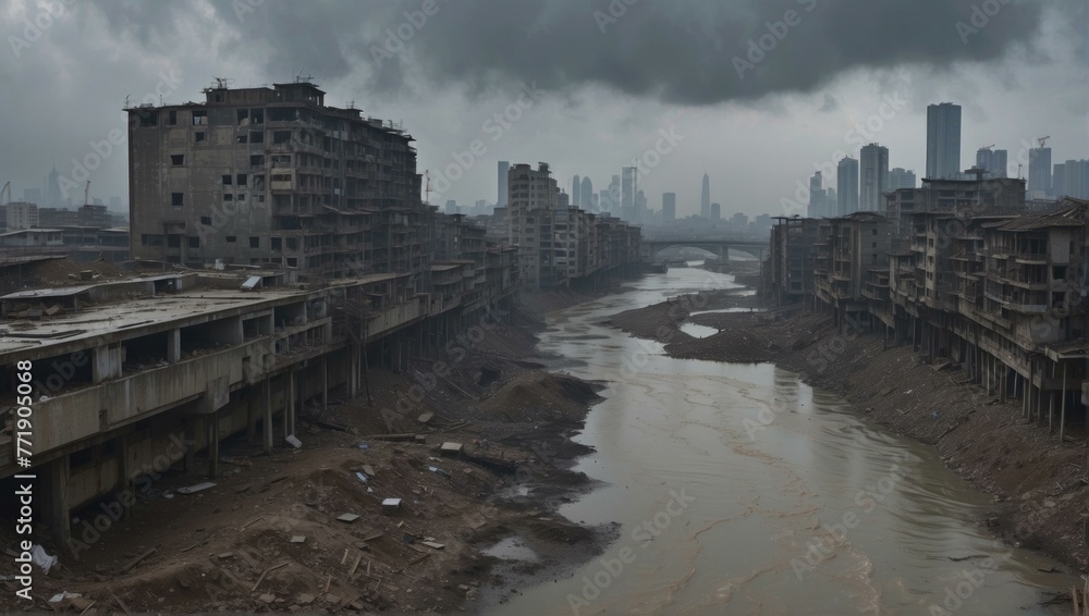 Poster a river that is running through a city with buildings on both sides. generative ai.
