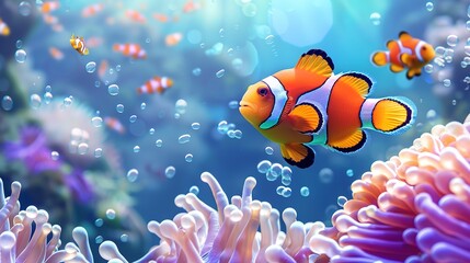 Obraz na płótnie Canvas Cute anemone fish playing on the coral reef, beautiful color clownfish on coral reefs, anemones on tropical coral reefs ,Generative ai, 