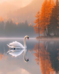 A swan is floating on a lake surrounded by trees. Generative AI.