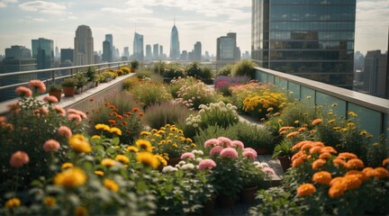 Fototapeta premium A view of a rooftop garden with many flowers and plants. Generative AI.