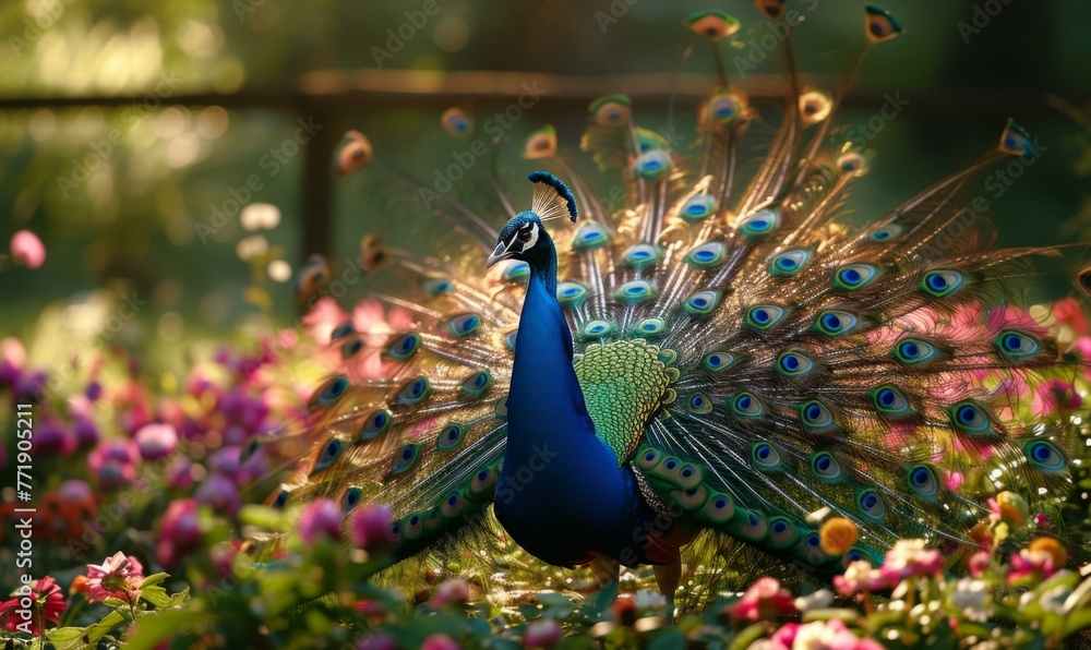 Poster a peacock with a colorful tail and feathers standing in the grass. generative ai.