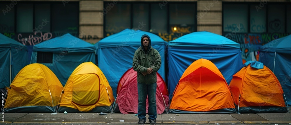Poster a man standing in front of a row of tents on the street. generative ai.