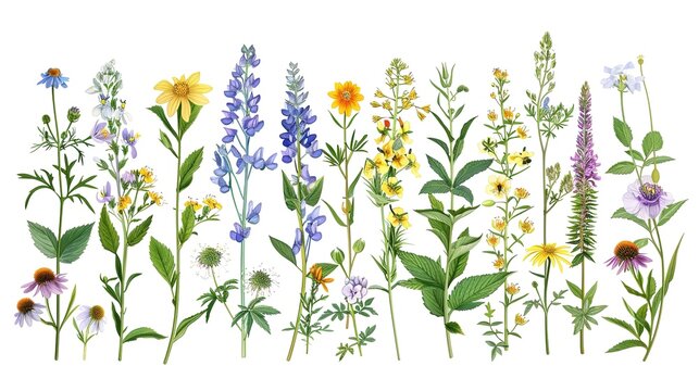 Detailed illustration with realistic wildflowers and medicinal herbs. Herbal plants. ,Generative ai, 