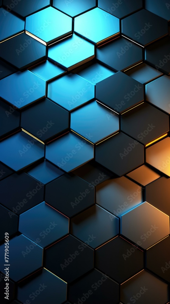 Poster a close up of a black and blue background with hexagons. generative ai.