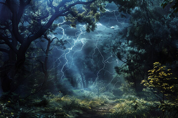 thunder light hitting the trees in the forest