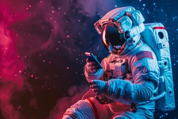 Fototapeta na wymiar Astronaut using mobile phone in space, Generative AI