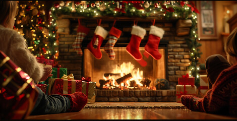 fire place in the house with Christmas decoration.Ai 