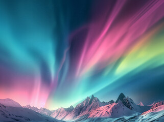  landscape of scenic  of snow mountains in northern with colorful aurora light