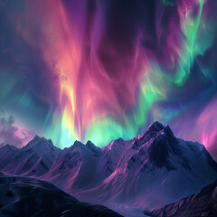  landscape of scenic  of snow mountains in northern with colorful aurora light in night sky