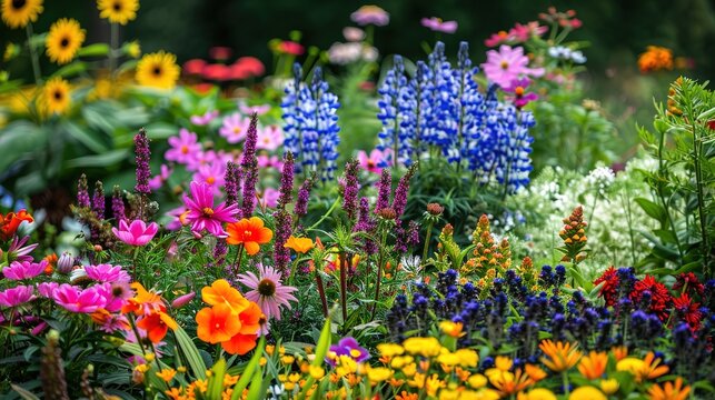 Multi-colored flower bed in the park. Lots of beautiful summer flowers. Lush bright flowering in the garden. Multicolor blooming front garden. Outdoor summer gardening