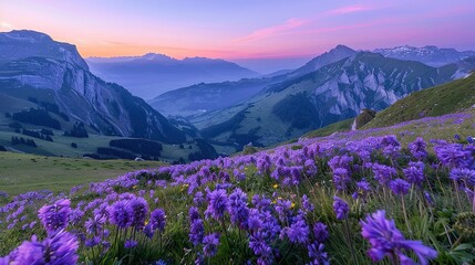 Purple flowers on a mountain meadow, view over Saentis mountains into the valley of Meglisalp at sunrise, Saentis, Appenzell Ausserrhoden, Appenzell Alps, Switzerland, ,Generative ai, 