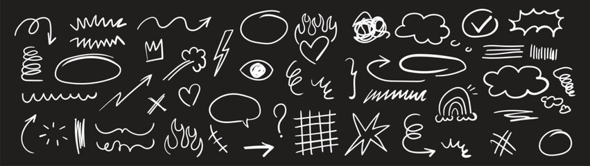 Set of cute pen line doodle element vector. Hand drawn doodle style collection of speech bubble, arrow, firework, star, heart. Design for decoration, sticker, idol poster, social media. - obrazy, fototapety, plakaty