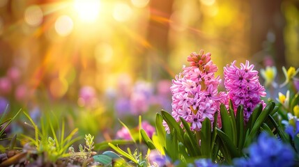 Spring glade in forest with flowering pink and purple hyacinths in sunny day in nature. Colorful natural spring landscape with with flowers, soft selective focus , Generative ai,
