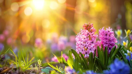 Tafelkleed Spring glade in forest with flowering pink and purple hyacinths in sunny day in nature. Colorful natural spring landscape with with flowers, soft selective focus , Generative ai, © curek