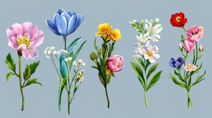 Set of colorful seasonal blooms  ,Generative ai, 