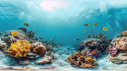 Fototapeta na wymiar Underwater panorama 360 of coral reef on the red sea under water ocean landscape with colorful tropical fish marine life , Generative ai, 