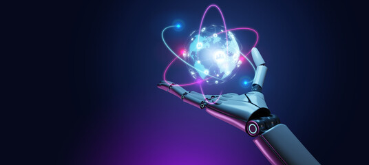 AI robot hand with dark background.Robot Hand Holding hologram planet Earth and social network.Three dimensional render of robotic hand holding glowing planet earth.3d render and illustration