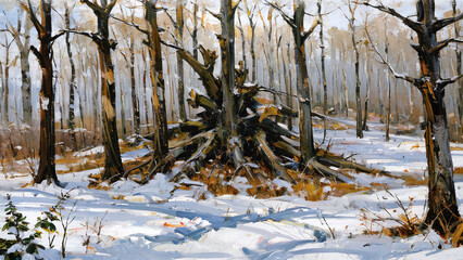 Obraz premium Scene of big trees in forest, Loosely abstract painting, Stylized digital art painting.