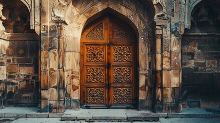 An intricately carved wooden door set within a stone archway, hinting at mysteries beyond.