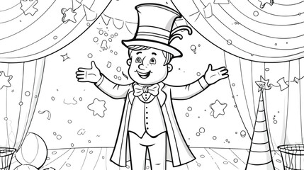 The magician performs in the circus. Coloring page