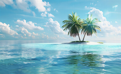 Fototapeta na wymiar Little Tropical Island with coconut tree and clear water of the sea and blue sky