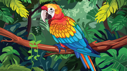 The parrot sits on a tree branch in the jungle. Col