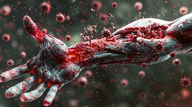 Rendered image of a red infected hand with bacteria concept for necrotizing fasciitis

