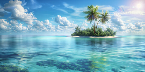 Little Tropical Island with coconut tree and clear water of the sea and blue sky