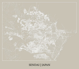 Sendai (Tōhoku, Miyagi, Japan) street map outline for poster, paper cutting.