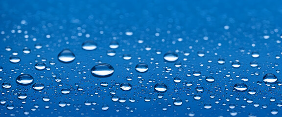 Drops on blue surface, clear water, selective focus, background