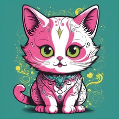 Artistic Pink and White Cartoon Cat with Floral Patterns
