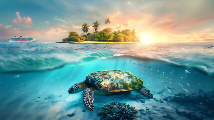 scenic Beach with island and coconut trees with turtle under water at sunset in summer