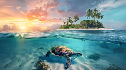Poster scenic Beach with island and coconut trees with turtle under clear water at sunset © Maizal