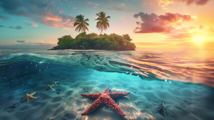 Scenic Beach with island and coconut trees with starfish under clear water at sunset, landscape orientation,  - obrazy, fototapety, plakaty