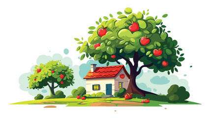 Obraz na płótnie Canvas Vector apple tree and cottage in apple on white bac