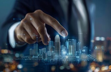 A man uses his finger to touch a virtual city building on a digital screen representing the real estate business concept, Generated by AI