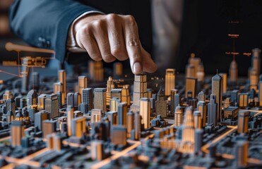 ฺฺฺBusinessman taps a virtual city building on a digital screen representing the real estate business, Generated by AI - obrazy, fototapety, plakaty