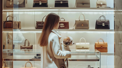 a girl with a decorative dog on a shopping trip in a luxury handbag store. a girl with a pet at the mall