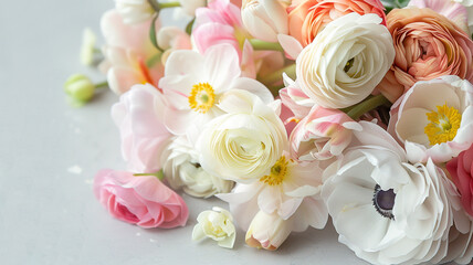 a bouquet of ranunculus, anemone and daffodils lies on a gray background. a delicate background of spring flowers.