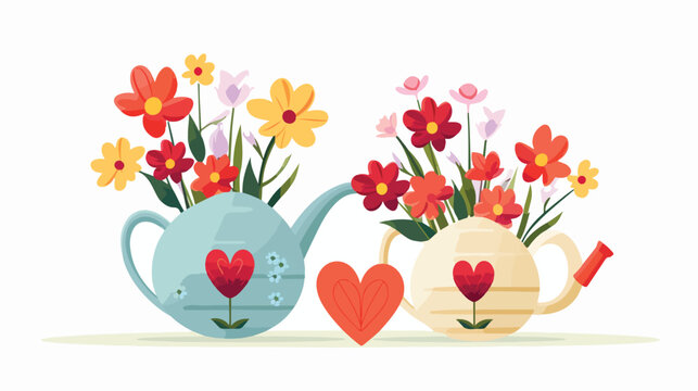 Vector heart flowers in pot and heart watering can