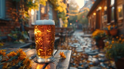 glass of beer on wooden table ,The bar beer is in the garden There is a special time for drinking.