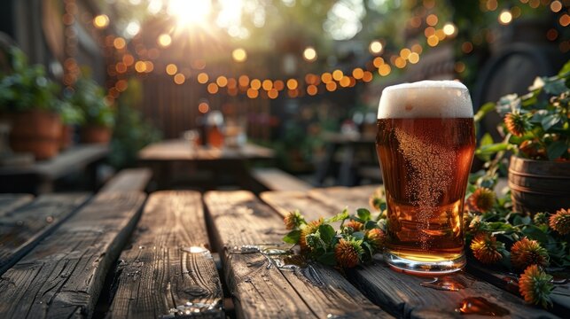 glass of beer on wooden table ,The bar beer is in the garden There is a special time for drinking.