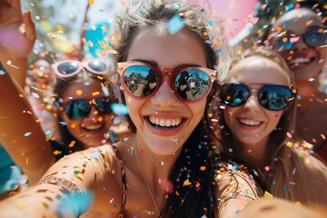 Excited girls on summer festival having fun with confetti outdoor and taking a selfie, Generative AI