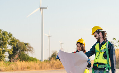 Engineers are working with wind turbines, Green ecological power energy generation, and sustainable windmill field farms. Alternative renewable energy for clean energy concept. - 771911488