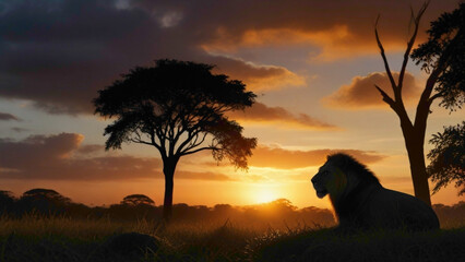 sunset in the forest sitting lion  - obrazy, fototapety, plakaty