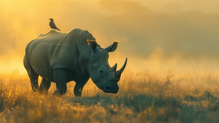 Obraz premium Rhinoceros in Misty Morning Golden Light. Rhinoceros stands in the morning mist, illuminated by the golden light of dawn, with a bird companion perched on its back.