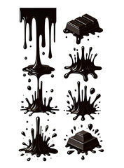 Dripping black paint, melting chocolate or dripping black oil. Set of abstract liquid splash elements. Flat vector illustration of splash ink flows	