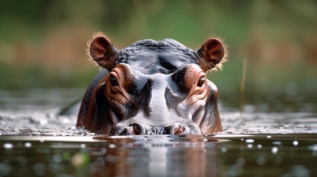 Hippopotamus Peering Above Water Surface. Eyes and ears of a hippopotamus emerge above the tranquil water, capturing a moment of calm vigilance in the wild.