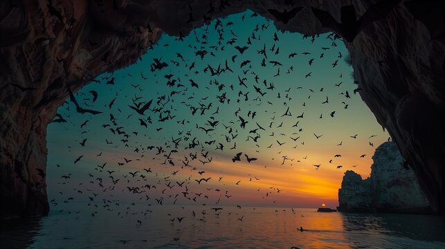 Bats Flying Out of Cave at Sunset. Silhouetted against a purple sunset, a swarm of bats exits a cave, taking to the evening sky in a natural spectacle. - Powered by Adobe