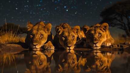 Lion Pride Resting by Water at Night. Pride of lions rests by the water's edge under a starlit sky,...